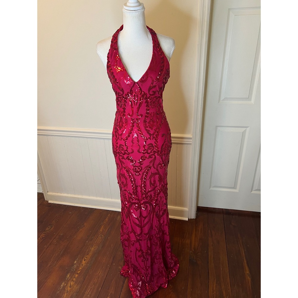 B. Darlin Red Sequin Halter Neck Formal Gown Damask Mermaid Maxi Dress Prom Gala - Picture 5 of 13
